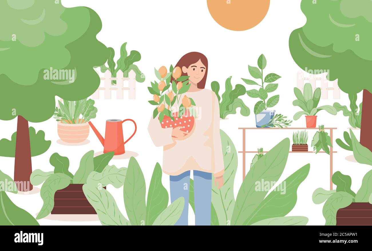 Happy smiling woman standing in the garden and holding a pot with lemon tree vector flat illustration. Farmgirl gardening. Watering can, green trees, bushes, plants growing in pots. Stock Vector