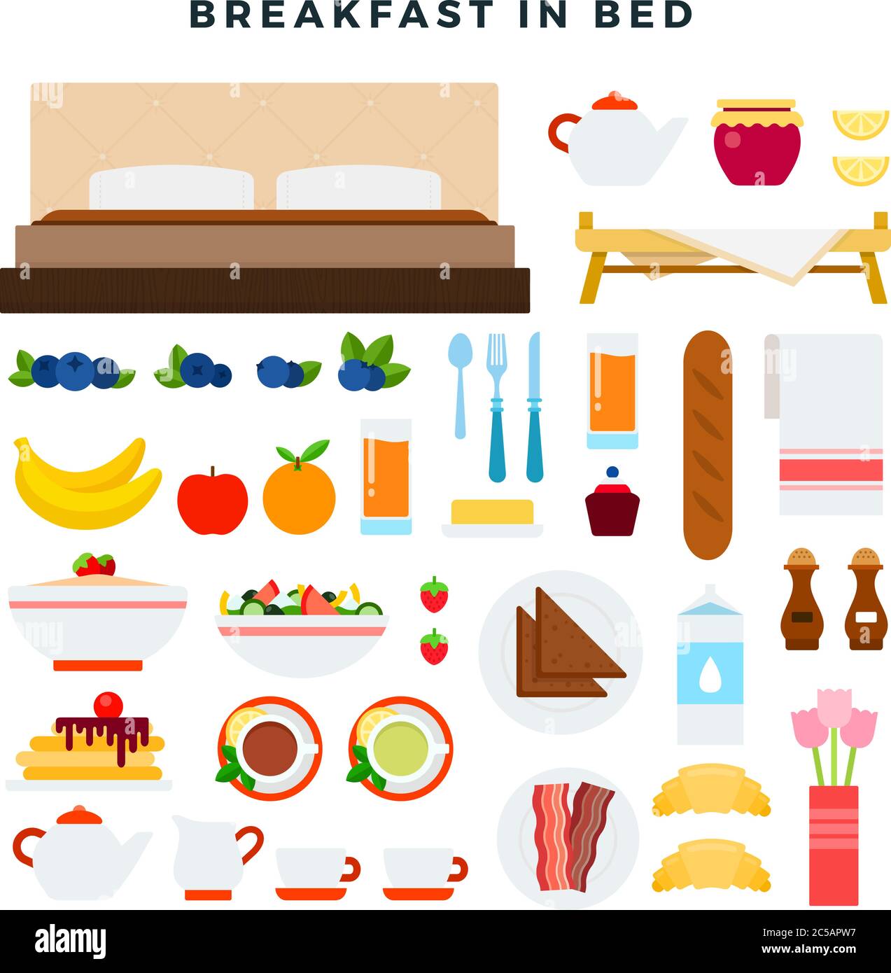 Breakfast in bed vector flat illustration. Set with tea, juice, fruit, bacon, pan cakes, oatmeal for web shop. Isolated on white Stock Vector
