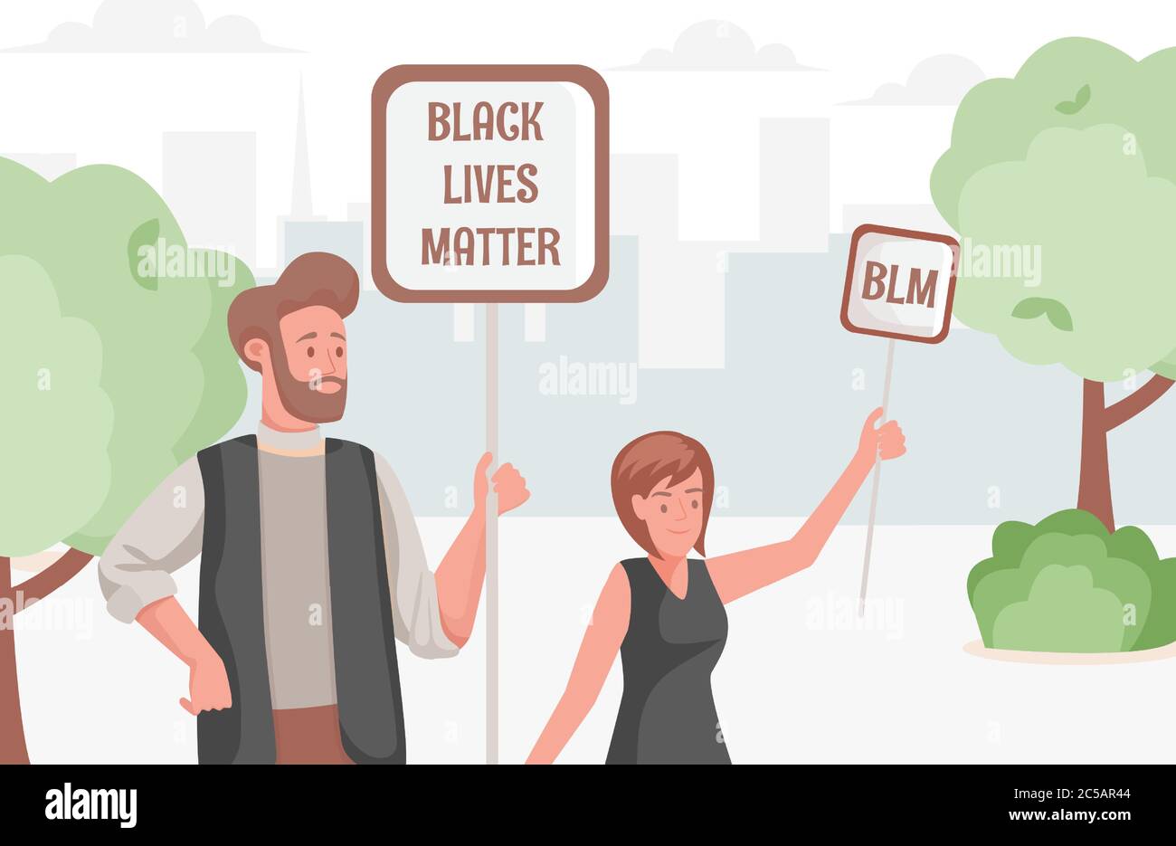 Black lives matter poster with protesting young people. Man and woman holding placards and protest in city park vector flat illustration. Activism, demonstration, social movement, no racism, concept. Stock Vector