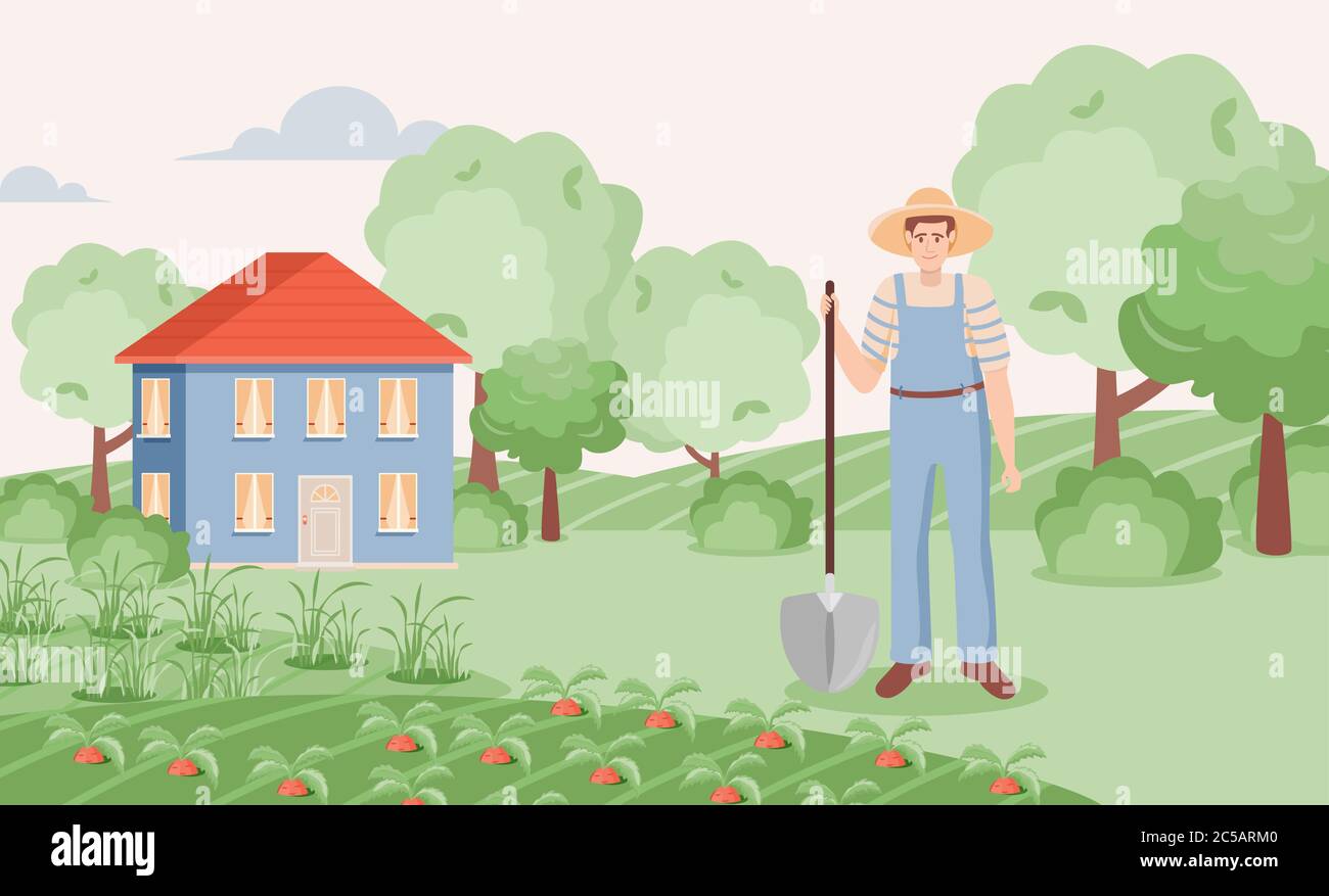 Happy gardener growing carrot in garden vector flat illustration. Young man with shovel standing on the farm. Country house, summer landscape, agriculture gardener hobby, and garden job. Stock Vector