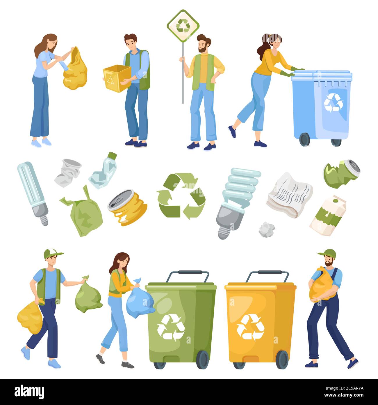 Reduce, reuse, and recycle objects. People put recycling waste in containers, collect, and sort garbage. Plastic bags, cans, cardboards, light bulbs and recycle sign. Eco-friendly lifestyle. Stock Vector