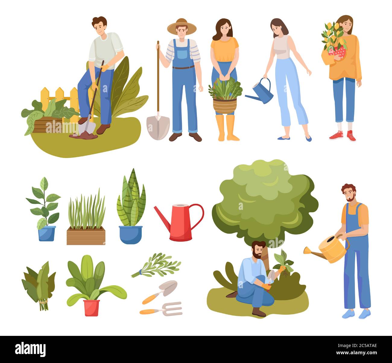 People gardening vector flat illustration. Men and women watering plants and digging the garden, growing flowers and vegetables. Agriculture gardener hobby and garden job concept. Stock Vector