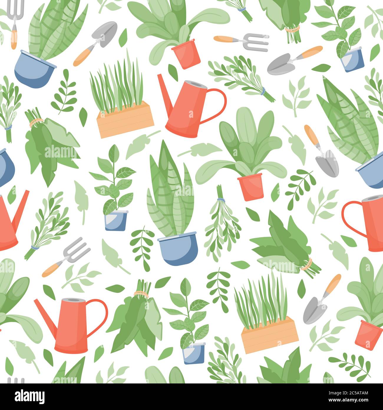 Gardening and farming seamless pattern. Green plants in pots, garden tools, watering can, and leaves vector flat illustration. Ecological, agriculture gardener hobby and garden job backdrop design. Stock Vector