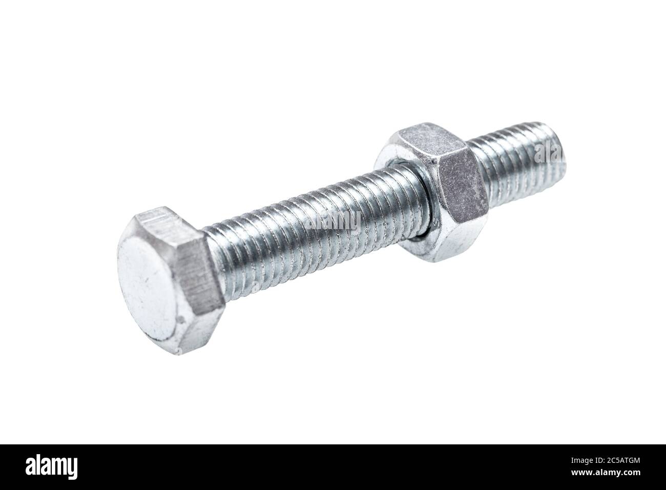 bolt with a threaded nut 3/4 view isolated on a white background. Stock Photo