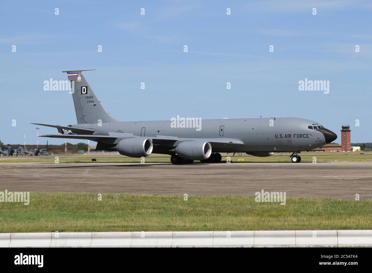 100th Air Refuelling Wing KC-135 tanker taxiing to parking after landing. Stock Photo