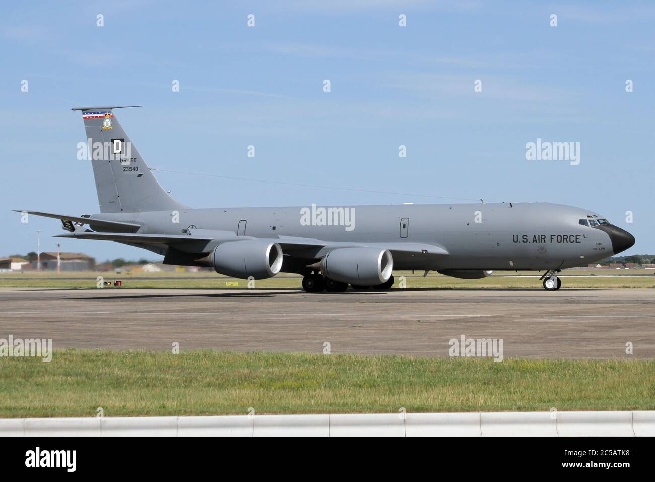 100th Air Refuelling Wing KC-135 tanker taxiing to parking after landing. Stock Photo
