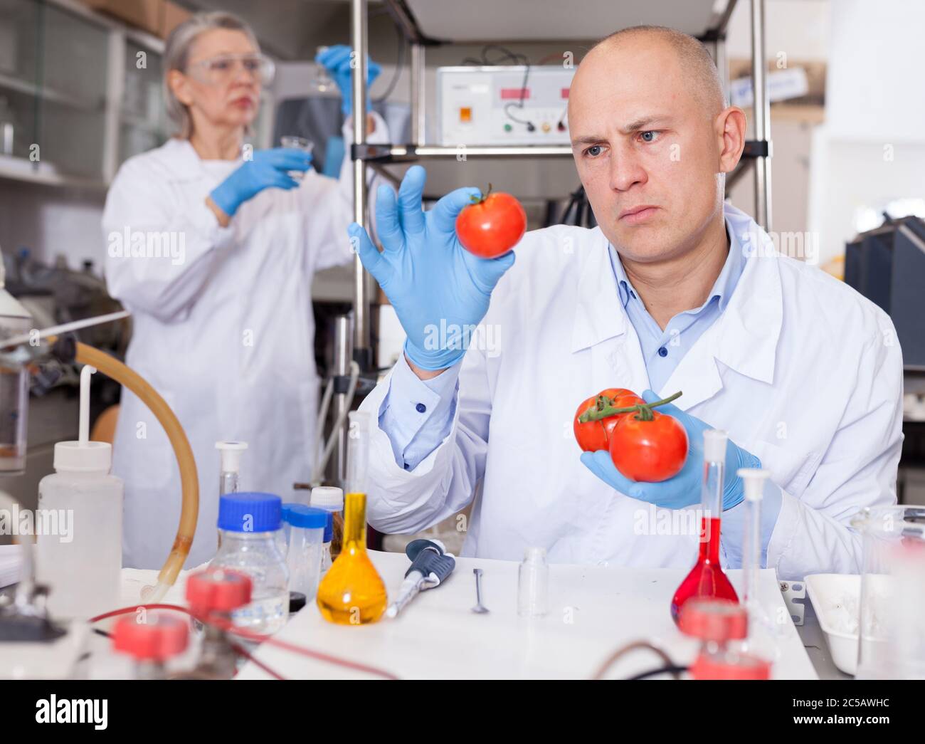 Scientist checking fruits and vegetables for harmful elements ...