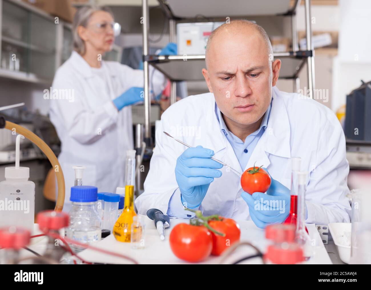 Scientist checking fruits and vegetables for harmful elements ...
