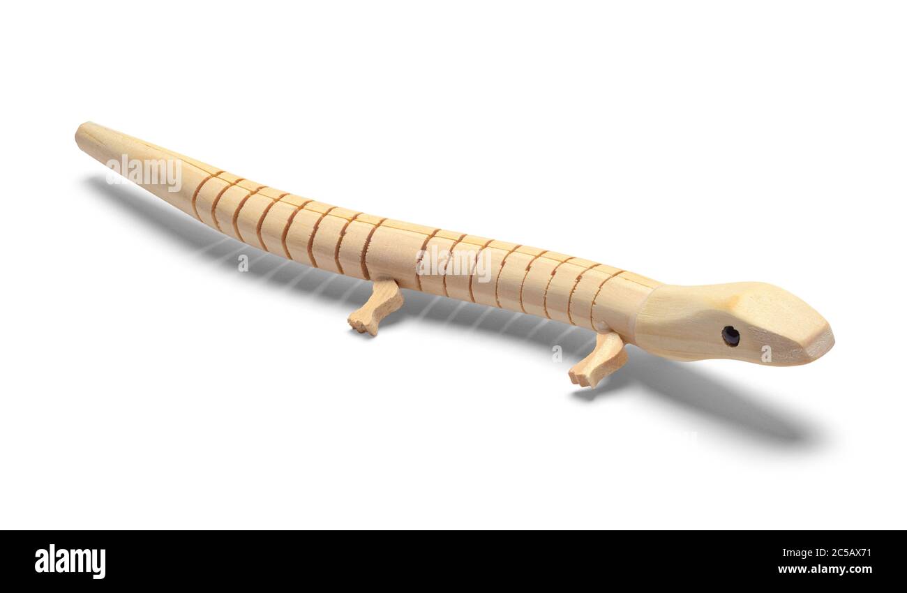 Bendable Toy Wood Lizard Isolated on White. Stock Photo