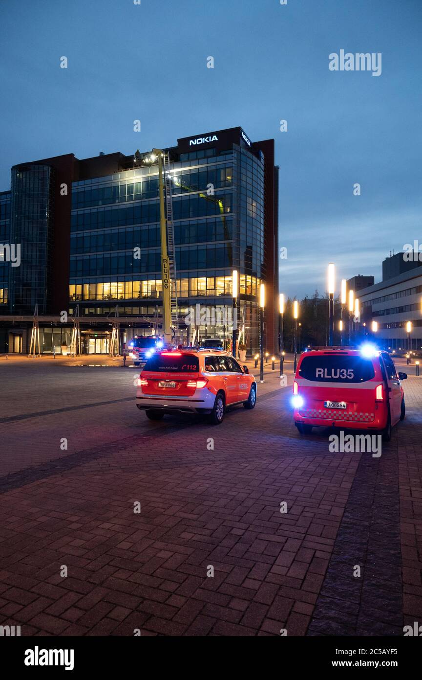 Espoo / Finland - MAY 15, 2020: Fire and rescue service responded to a structure fire call at Nokia headquarters in Espoo. The fire started at the 8th Stock Photo