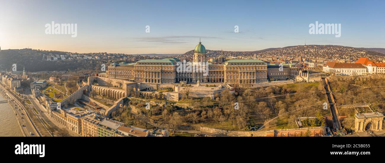 Aerial panorama drone shot of Buda Castle palace facade on hill in ...