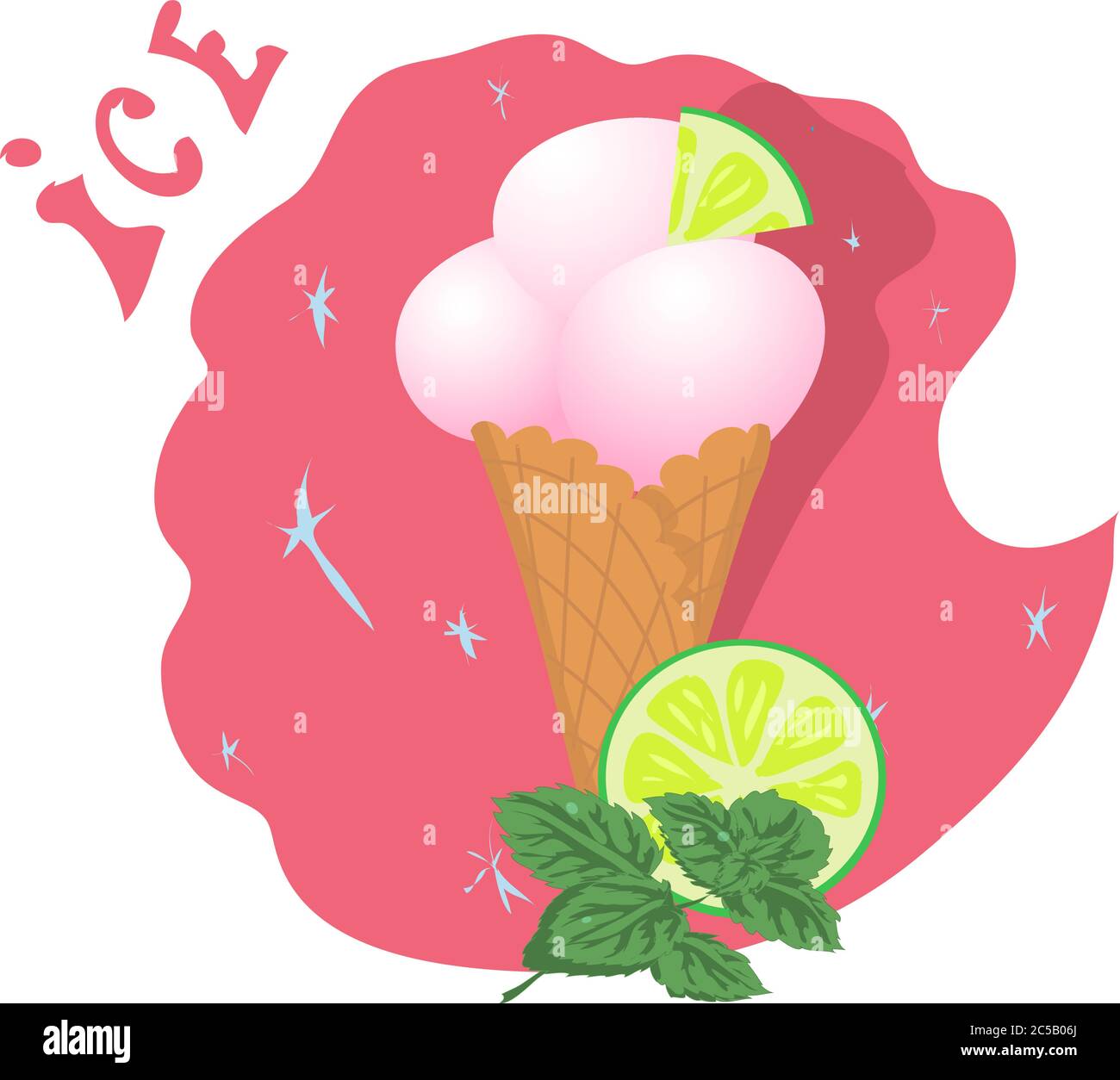ice cream in a waffle cup with lime and mint Stock Vector