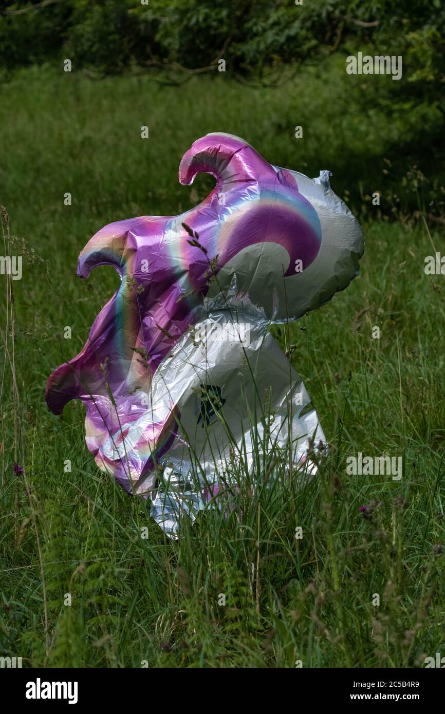 A deflated helium balloon in the shape of a unicorn has landed in a field. Balloon litter. Stock Photo