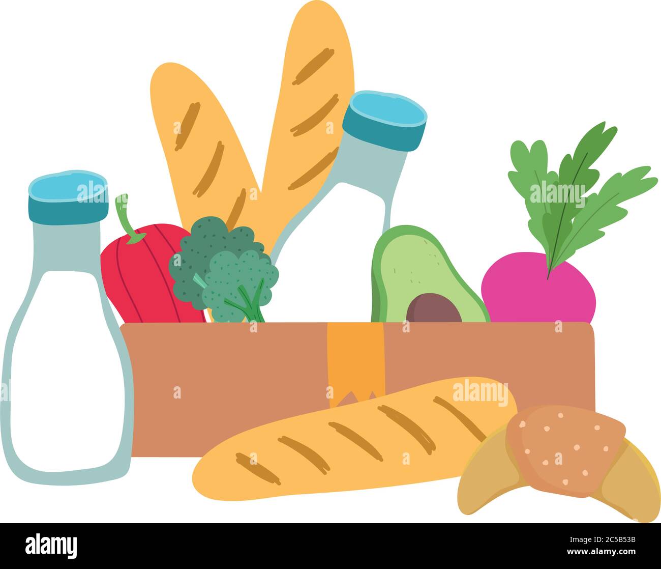 grocery bag and box with vegetables milk bottle and bread isolated icon design vector illustration Stock Vector