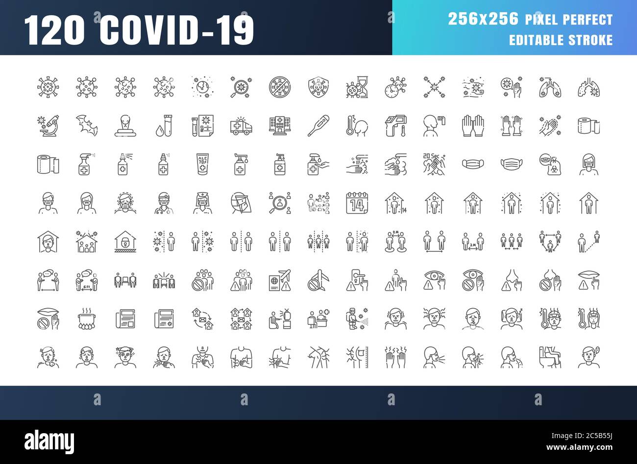 Covid-19 Prevention Line Outline Icons. Coronavirus, Social Distancing, Quarantine, Stay Home. 256x256 Pixel Perfect. Editable Stroke. Stock Vector