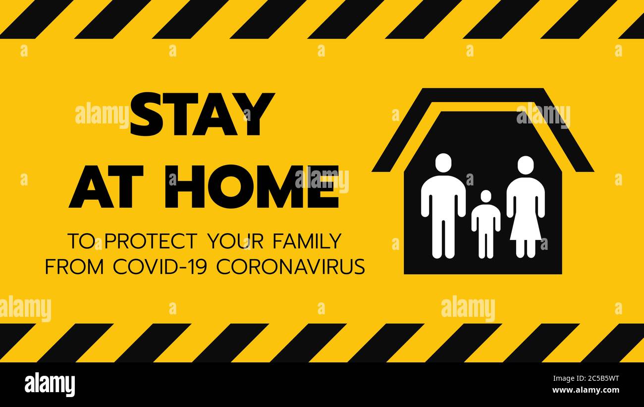 Vector of Shelter in Place or Family Stay at Home or Self Quarantine Yellow Background Sign with Tape. To Control Coronavirus or Covid 19 Spreading In Stock Vector