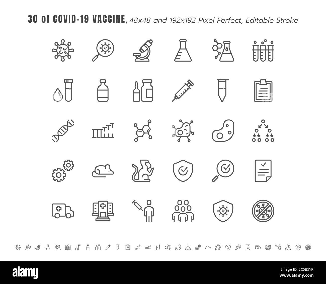 Simple Set of Covid-19, Coronavirus Vaccine Development Line Outline Icons. such Icons as Clinical Research, Antibody, Laboratory, Immune, Treatment, Stock Vector