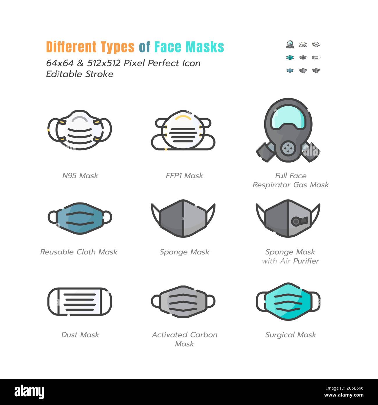 Different Type of Face Masks. Covid-19, Coronavirus Disease 2019 Prevention. N95, Surgical Mask and More. Filled Outline Icons Set. Editable Stroke. V Stock Vector