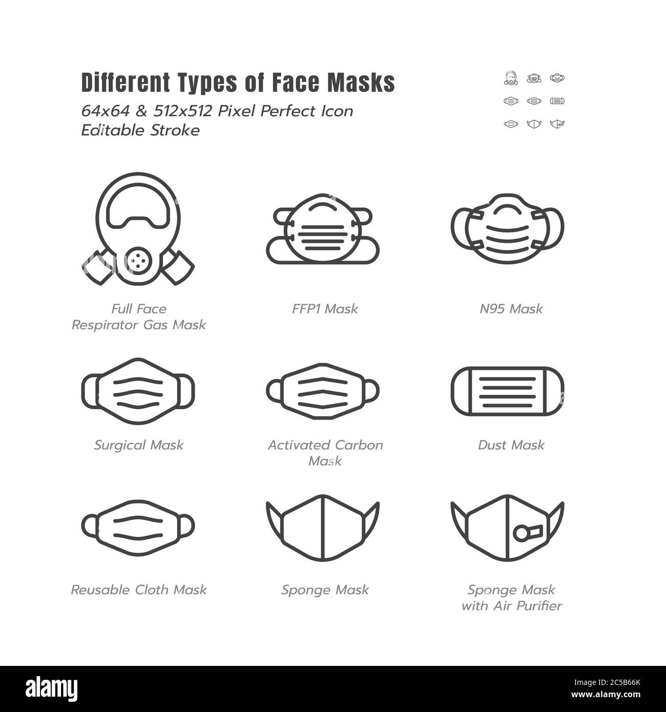 Different Type of Face Masks. Covid-19, Coronavirus Disease 2019 Prevention. N95, Surgical Mask and More. Line Outline Icons Set. 64x64 Pixel Perfect, Stock Vector