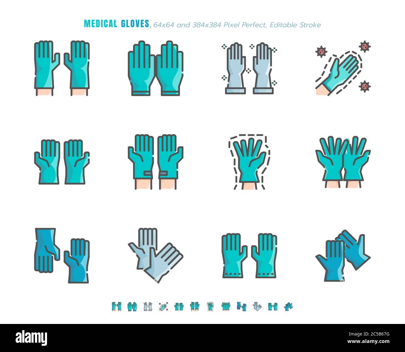 Simple set of Medical Gloves. Covid-19 or Coronavirus Disease 2019 Prevention Related. Filled Outline Flat color Icon Set. 64x64 Pixel Perfect. Editab Stock Vector