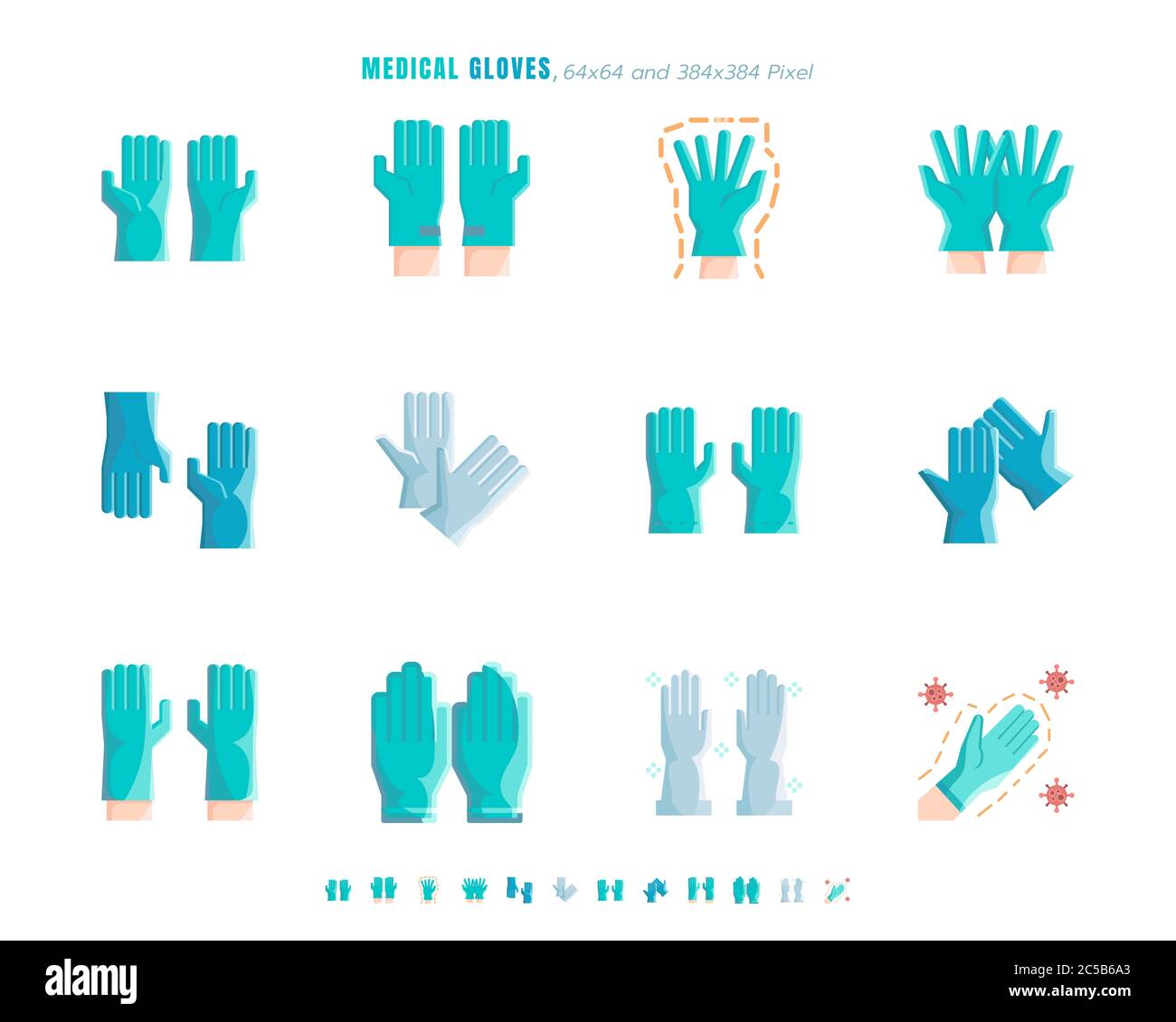 Simple set of Medical Gloves. Covid-19 or Coronavirus Disease 2019 Prevention Related. Flat Green, blue, White Color Icons Set. 64x64 Pixel.  Vector I Stock Vector