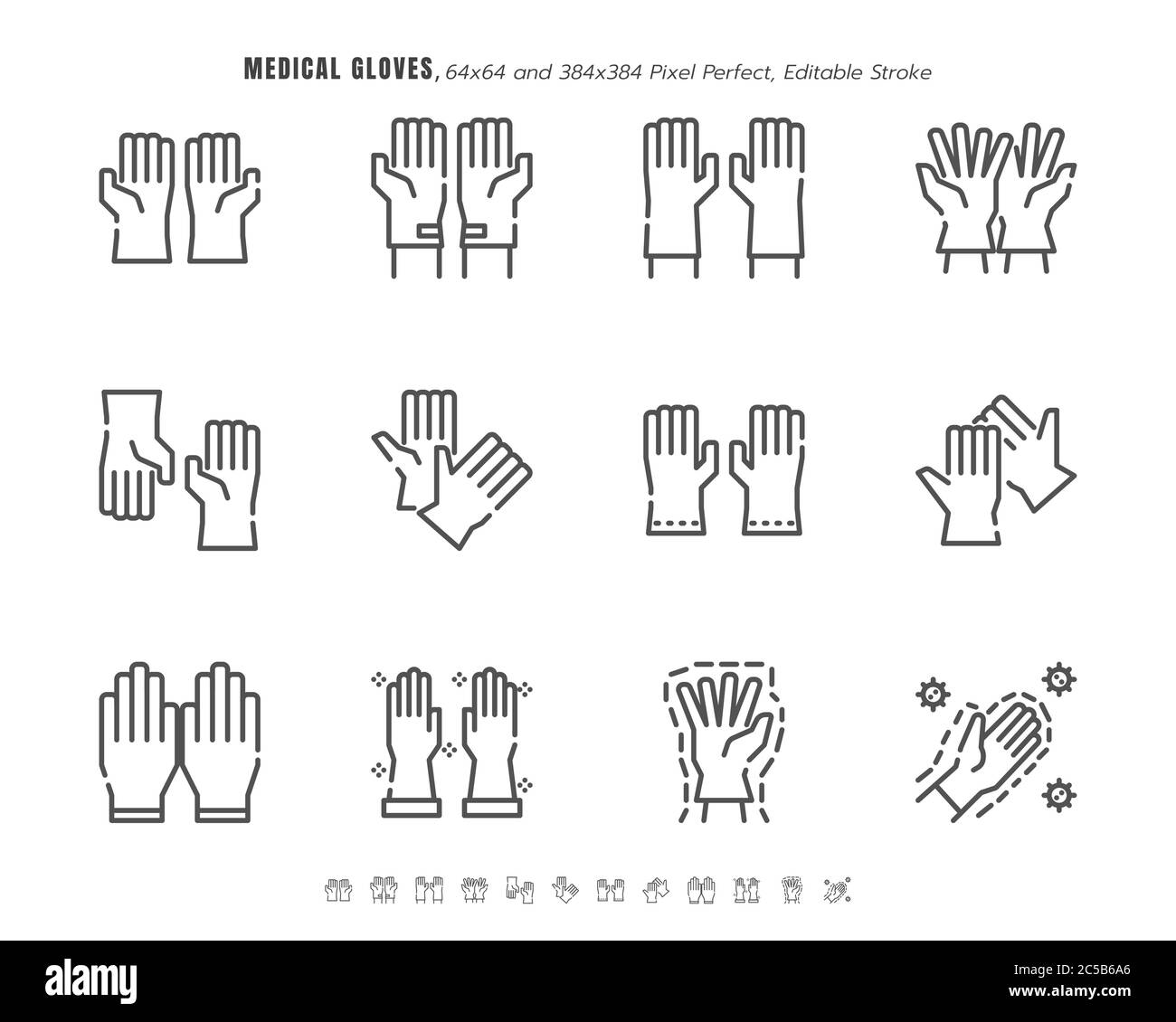 Simple set of Medical Gloves. Covid-19 or Coronavirus Disease 2019 Prevention Related. Line Outline, Icons Set. 64x64 Pixel Perfect. Editable Stroke. Stock Vector