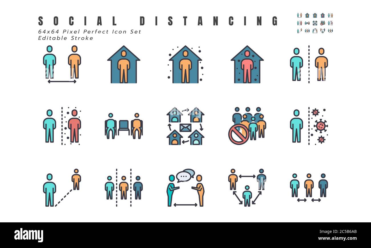 Simple Set of Social Distancing, Coronavirus Disease 2019 Covid-19 Filled Line Icons such Icons as Stay Home, Quarantine, Work from Home, Avoid Crowde Stock Vector