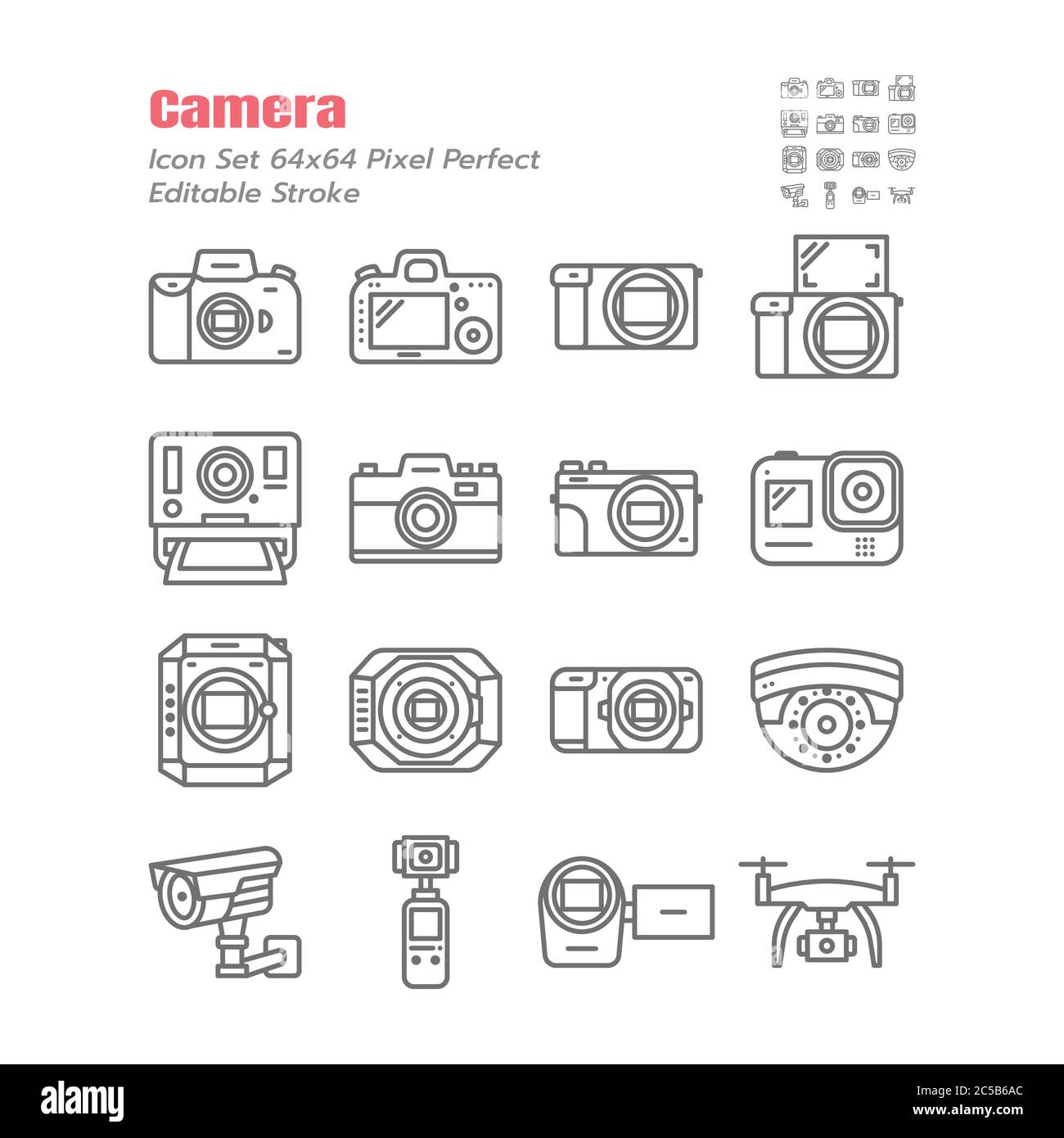 Simple Set of Camera Vector Thin outline Icons. such as DSLR, Mirrorless, Instant, Action Cam, Film, Compact, Drone, Cinematography, Cinema, Digital a Stock Vector