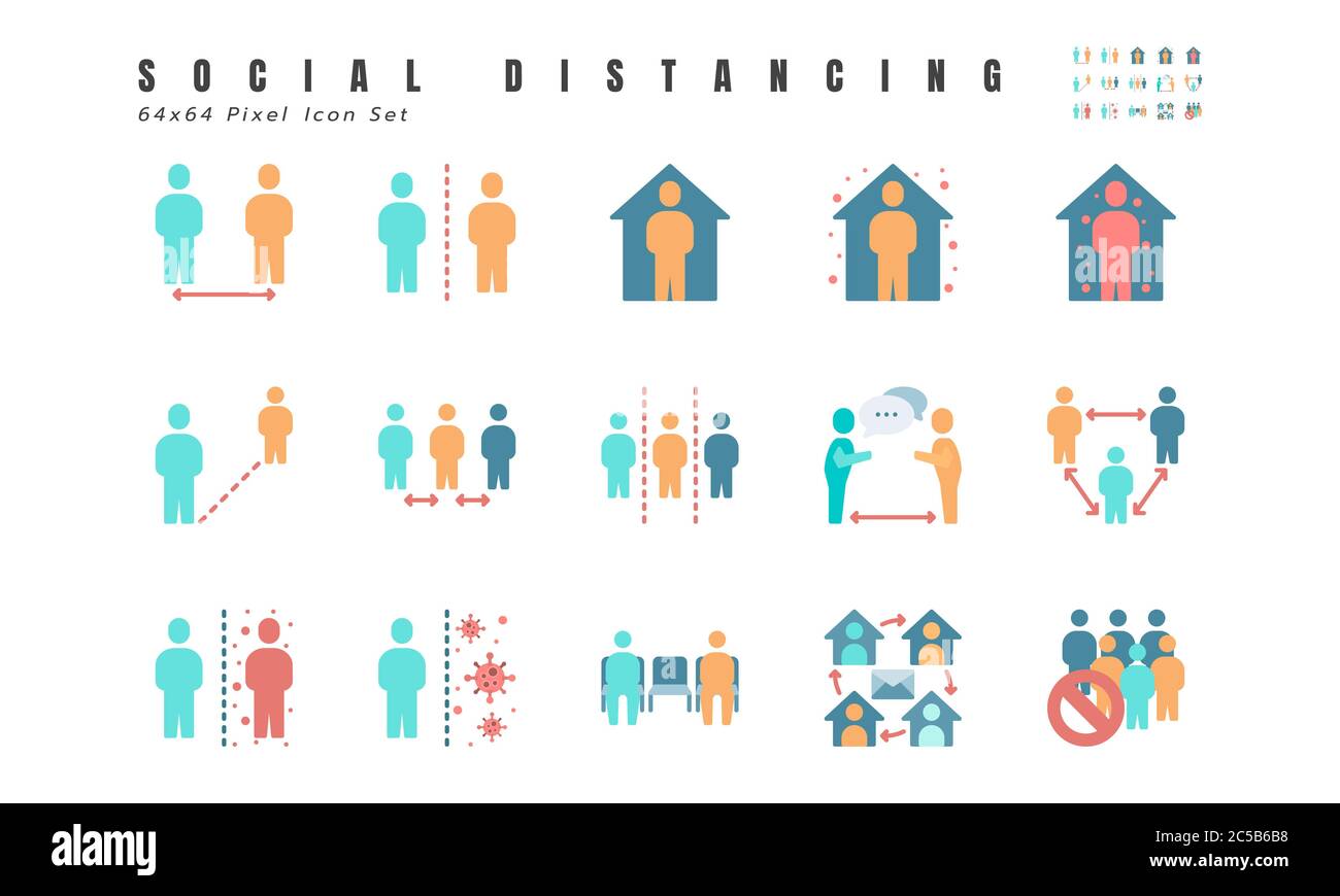 Simple Set of Social Distancing, Coronavirus Disease 2019 Covid-19 Flat Icons such Icons as Stay Home, Quarantine, Work from Home, Avoid Crowded Place Stock Vector