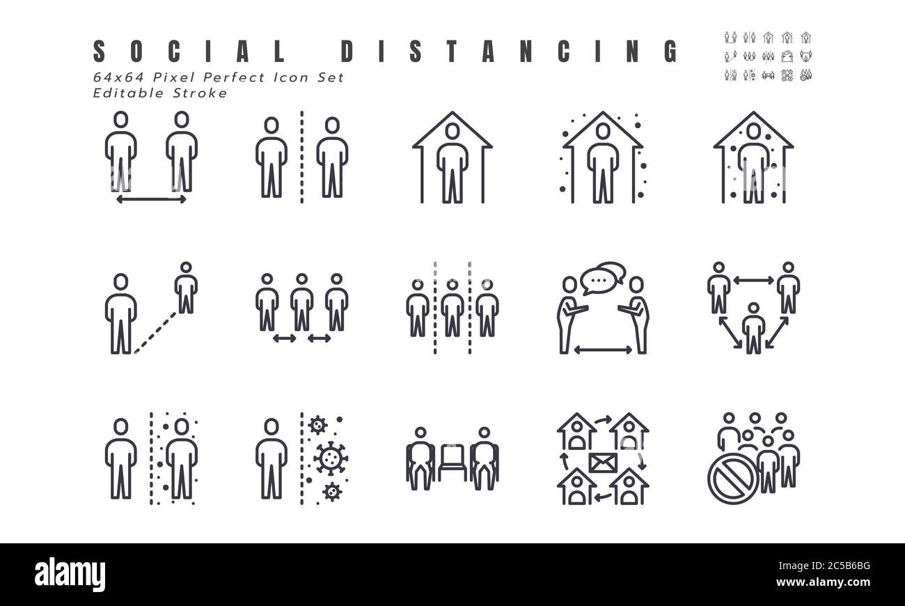 Simple Set of Social Distancing, Coronavirus Disease 2019 Covid-19 Line Icons such Icons as Stay Home, Quarantine, Work from Home, Avoid Crowded Place Stock Vector