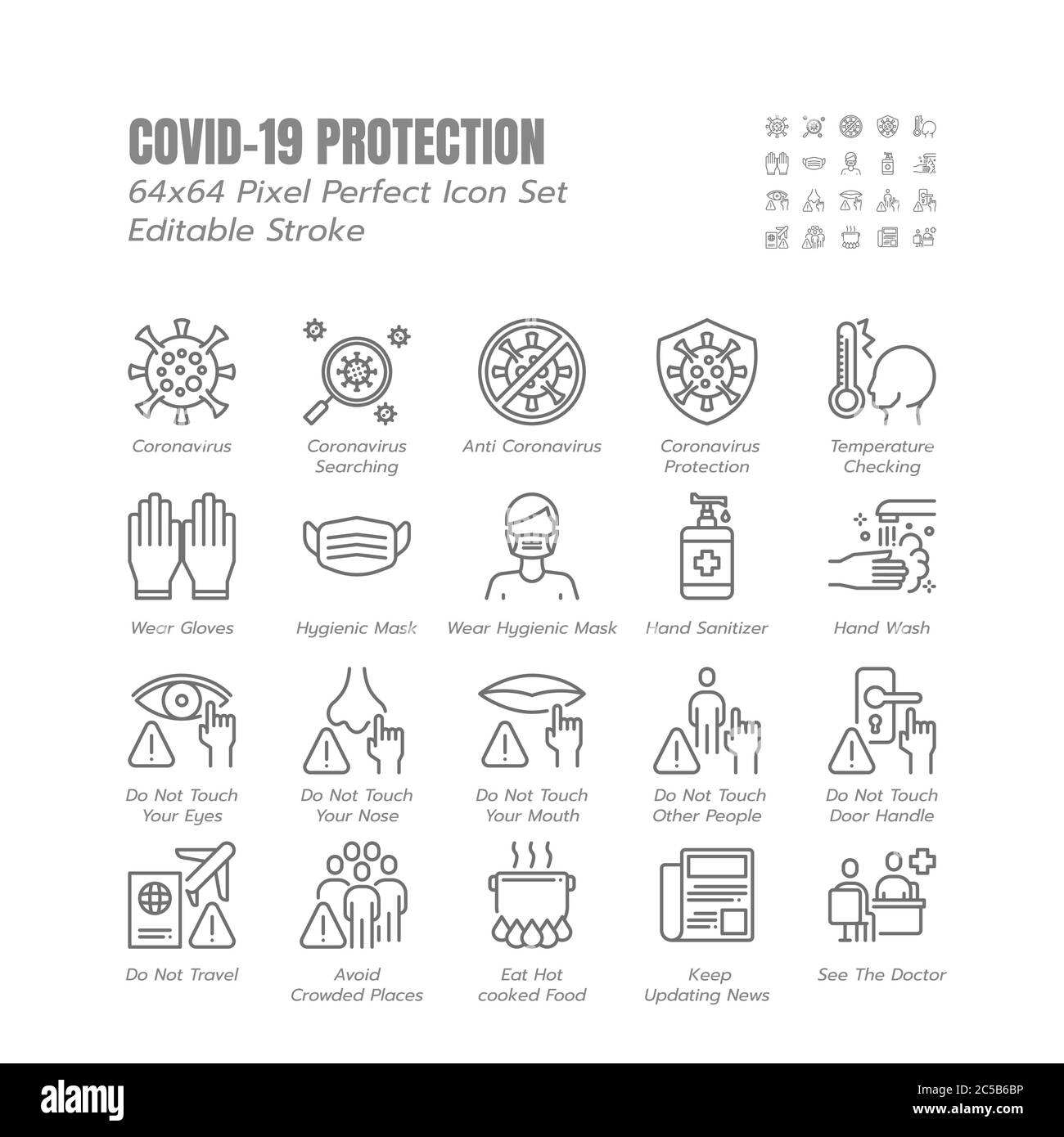 Simple Set of Covid-19 Protection Line Outline Icons. such Icons as Mask, Gloves, Coronavirus Prevention, Hygienic, Avoid Close Contact, Social Distan Stock Vector
