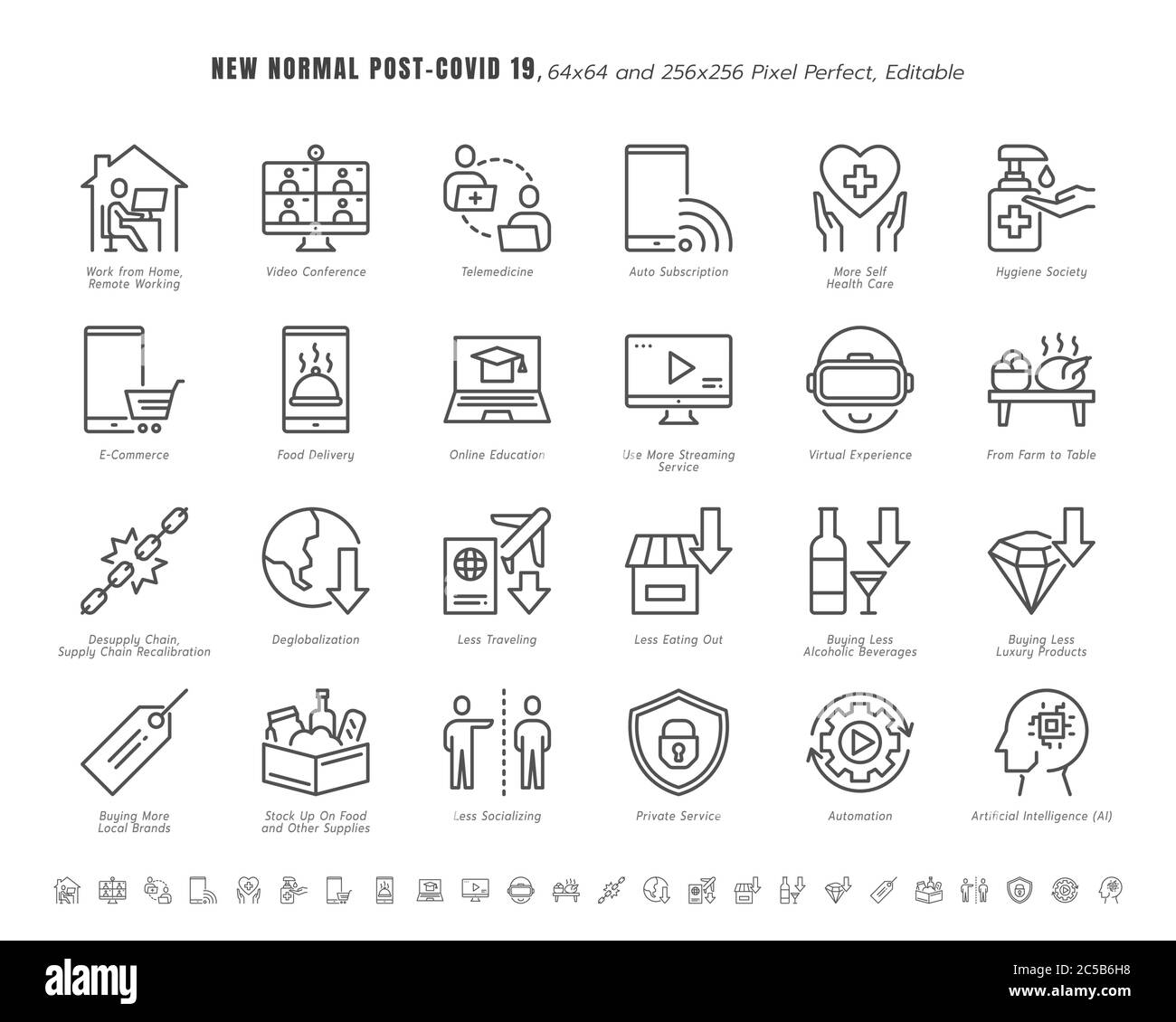 Simple Set of New Normal After Coronavirus 2019 or Covid-19 Ends Related. Such as Streaming, Online Shopping, Supply Recalibration. Line Outline Icons Stock Vector