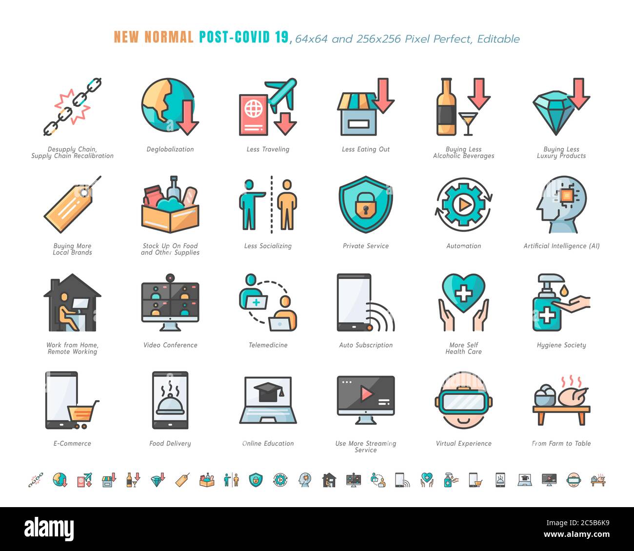 Simple Set of New Normal After Coronavirus 2019 or Covid-19 Ends Related. Such as Streaming, Online Shopping, Supply Recalibration. Filled Outline Ico Stock Vector