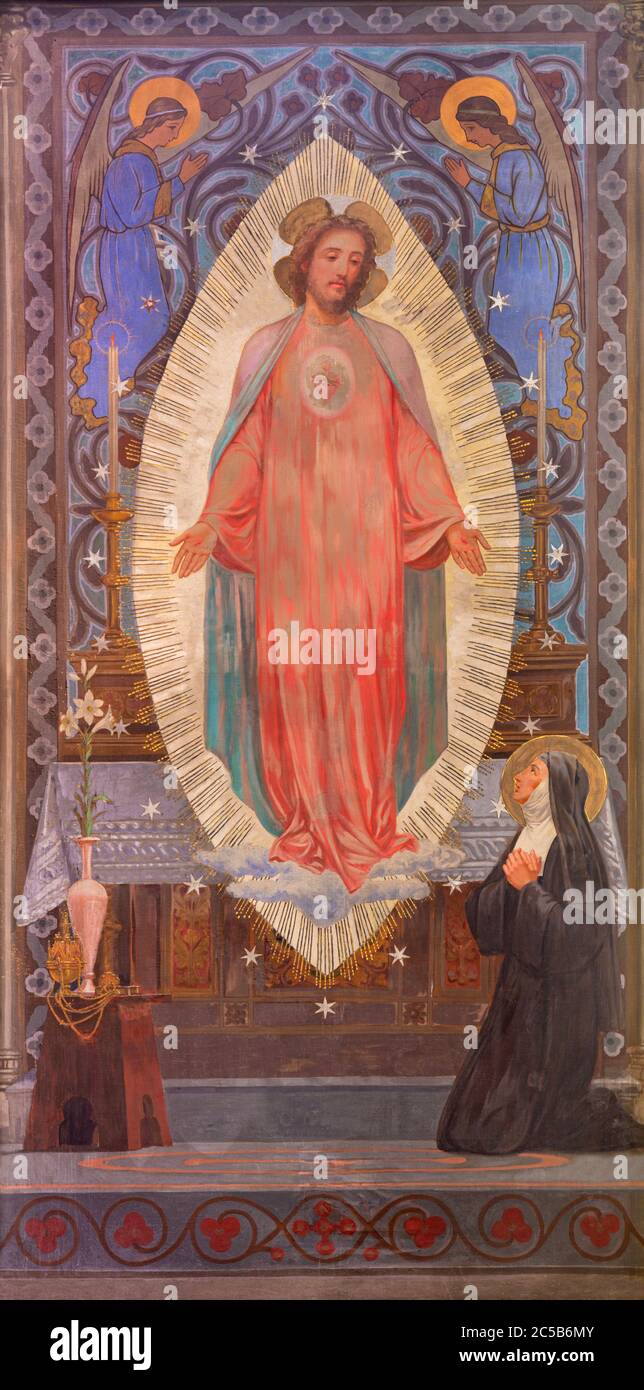 BARCELONA, SPAIN - MARCH 3, 2020: The painting of traditional Divine Mercy of Jesus the chruch glesia y convento de las Salesas. Stock Photo