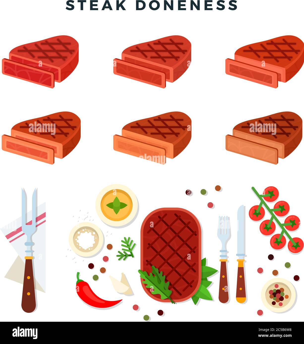 Steak doneness illustration, set. Different stages of steak. Blue rare, rare, medium rare