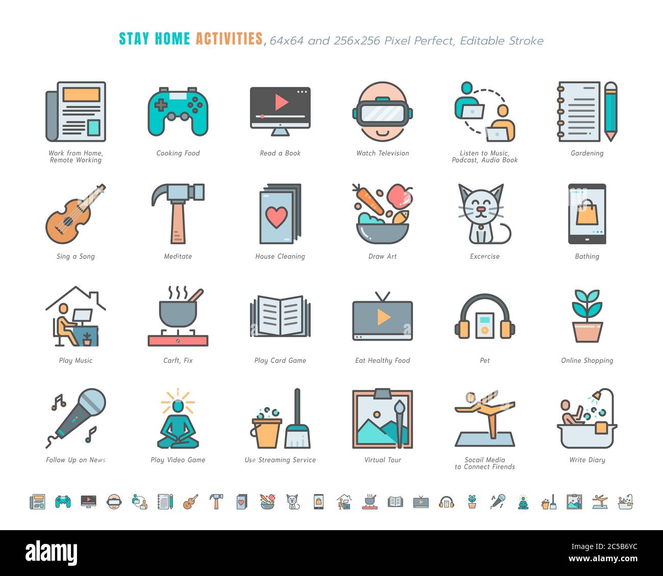 Simple Set of Stay Home Activities for Mental Health During Coronavirus, Covid-19 Crisis Related. Such as News Update, Cooking, Game. Filled Outline I Stock Vector