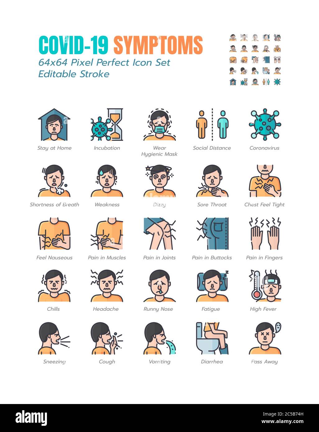 Simple Set of Covid-19 Symptoms Filled Outline Icons. such Icons as Cough, Sore Throat, Vomiting, Social Distance, Coronavirus, Stay at Home, Incubati Stock Vector