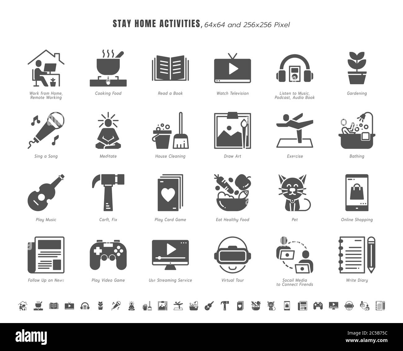 Simple Set of Stay Home Activities for Mental Health During Coronavirus, Covid-19 Crisis Related. Such as News Update, Cooking, Game, Work, Social Med Stock Vector