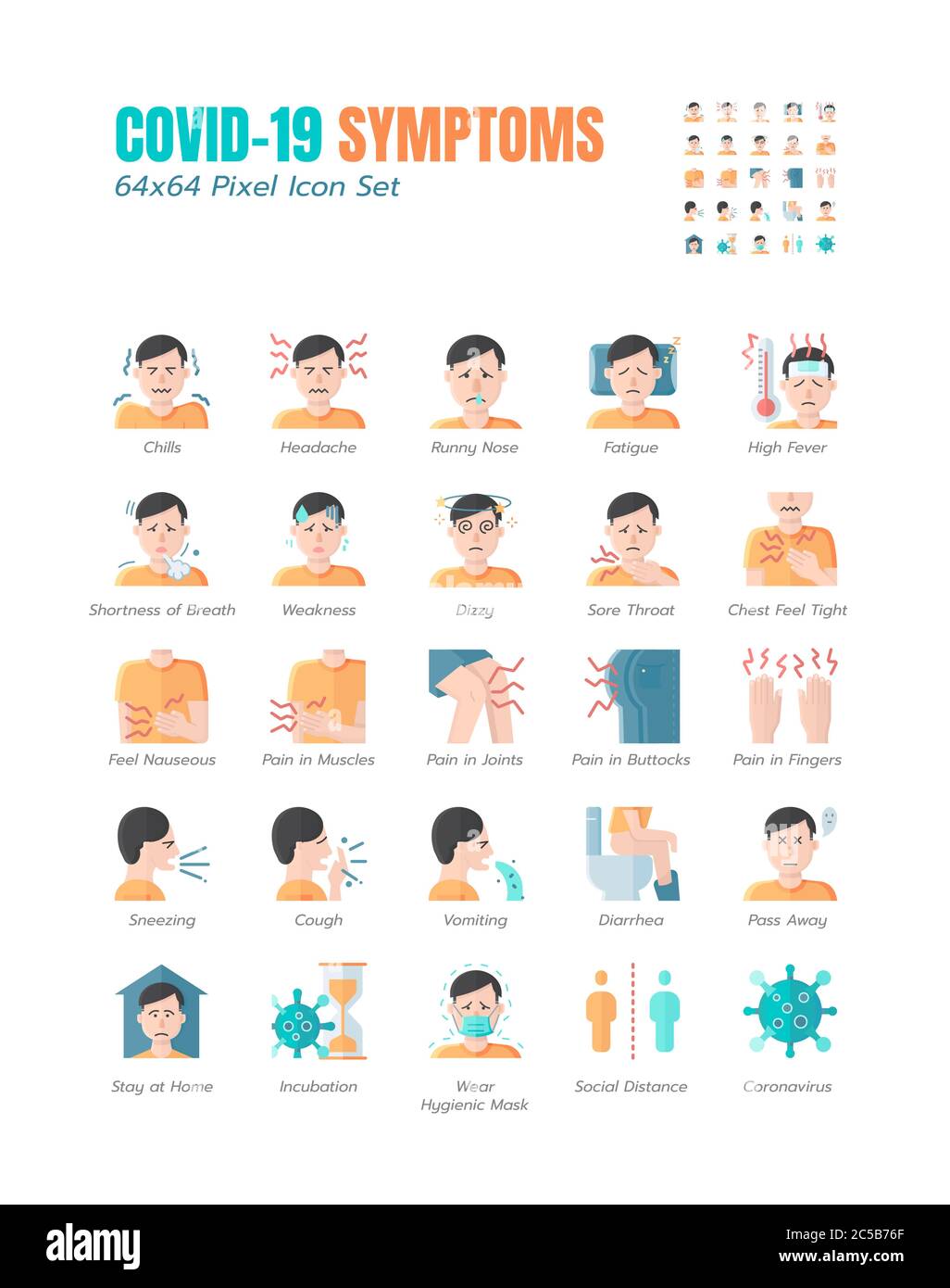 Simple Set of Covid-19 Symptoms Flat Icons. such Icons as Cough, Sore Throat, Vomiting, Shortness of Breath, Coronavirus, Stay at Home, Incubation, St Stock Vector