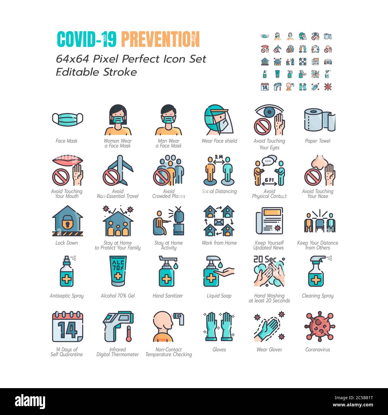 Simple Set of Coronavirus Prevention COVID-19 Filled Line Icons. such Icons as Gloves, Mask, Social Distancing, Stay Home, Quarantine, Avoid Close Con Stock Vector