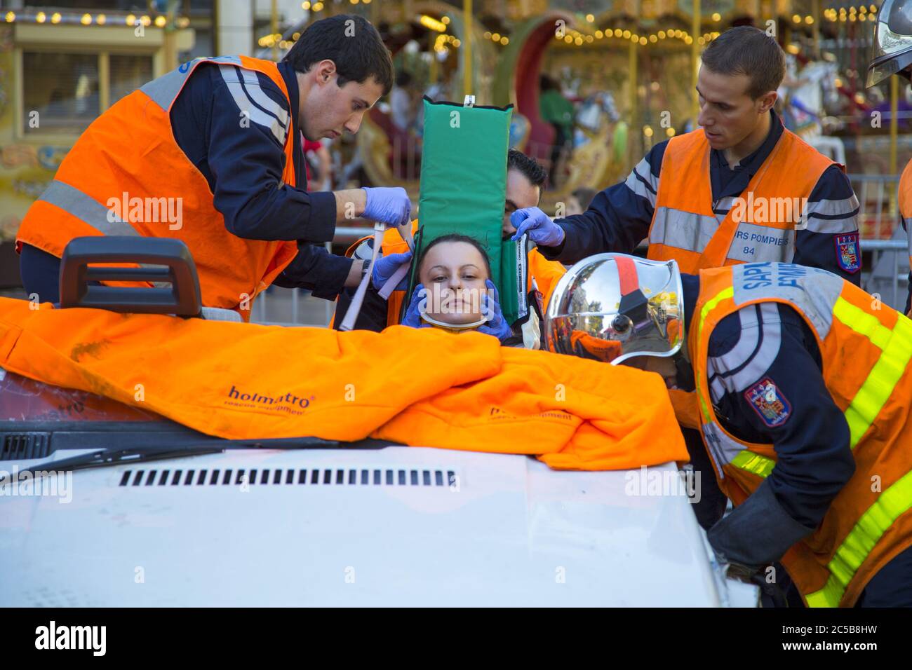 AVIGNON, FRANCE - OCTOBER 15: Local authority personnel demonstrate rescue operation activity at local fair in Avignon, France on October 15, 2013 Stock Photo