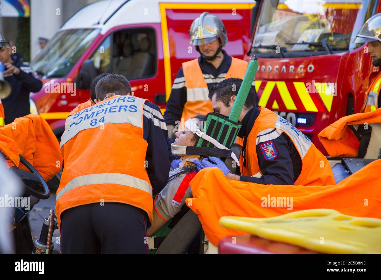 AVIGNON, FRANCE - OCTOBER 15: Local authority personnel demonstrate rescue operation activity at local fair in Avignon, France on October 15, 2013 Stock Photo