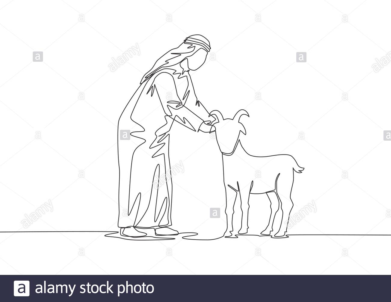 One Continuous Line Drawing Of Young Happy Muslim Holding A Goat Muslim Holiday The Sacrifice A Sheep Or Goat To God Eid Al Adha Greeting Card Conce Stock Vector Image Art