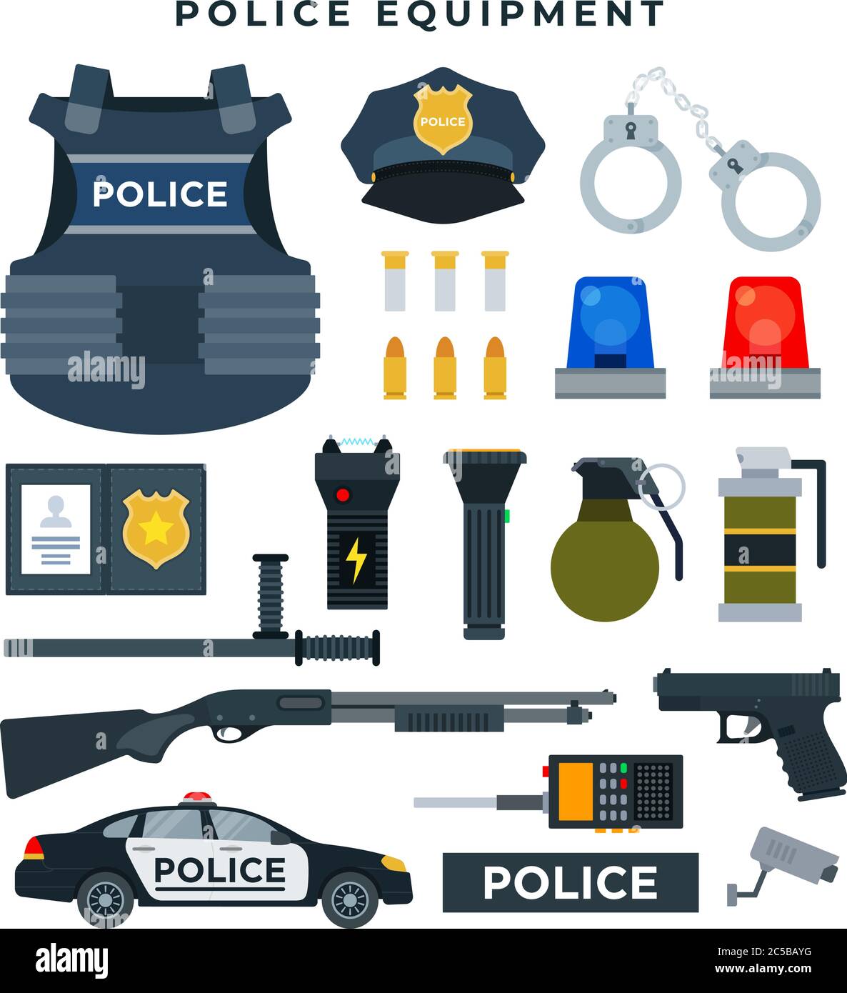 Police professional equipment, set. Body armor, police badge, weapon, bullets, handcuffs, flashlight, portable radio, police car and other elements Stock Vector