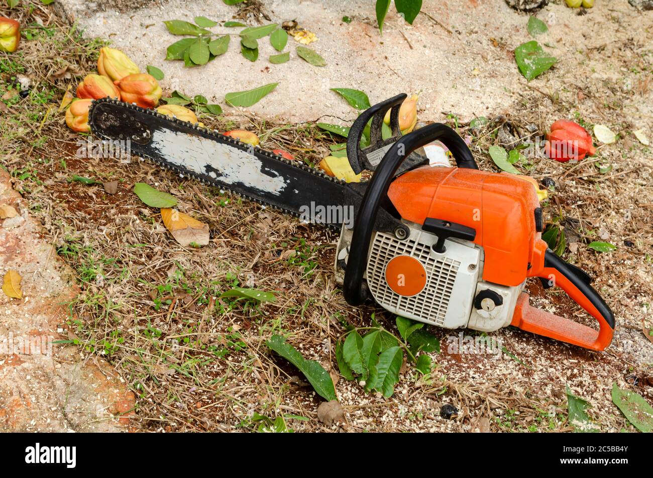 Chainsaw On Ground Stock Photo