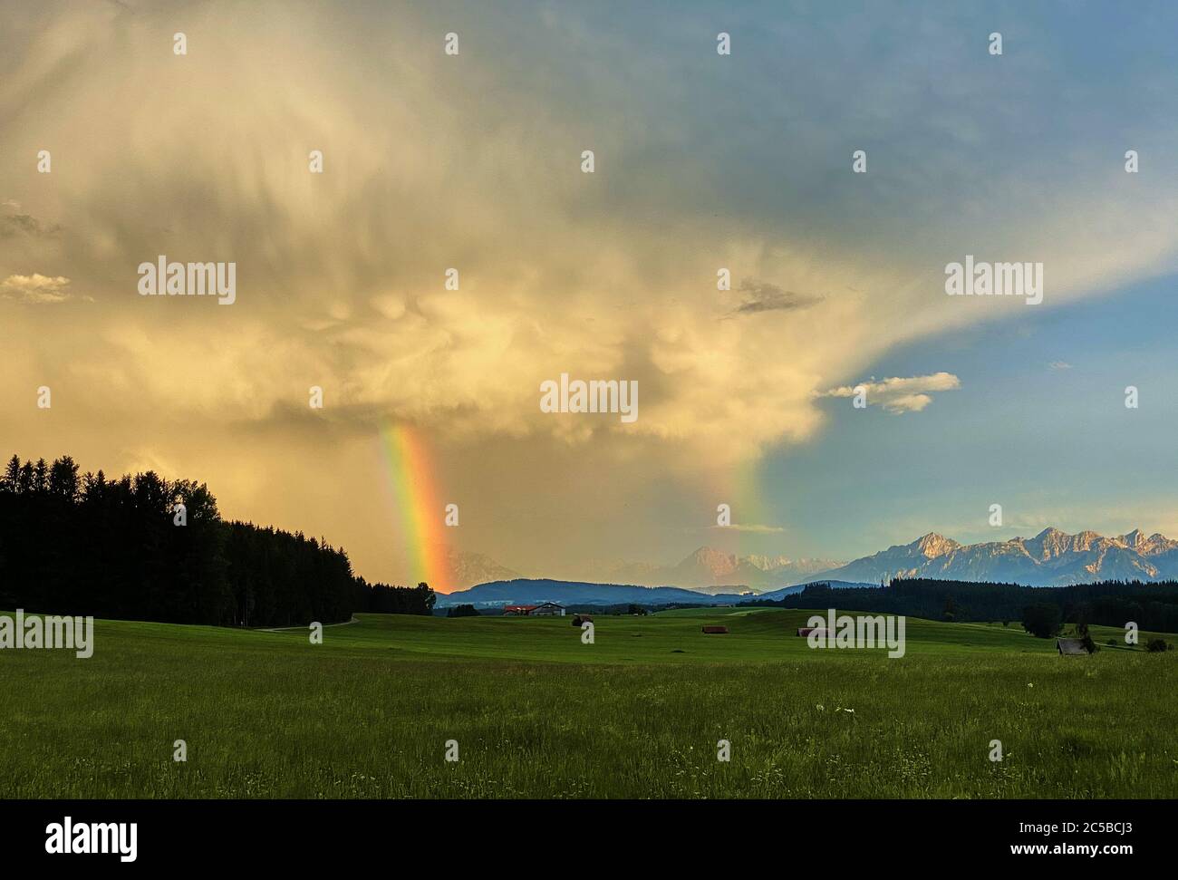 Marktoberdorf, Germany, July 01, 2020.  Stormy weather with heavy rain changes with sunset and rainbow. © Peter Schatz / Alamy Stock Photos Stock Photo