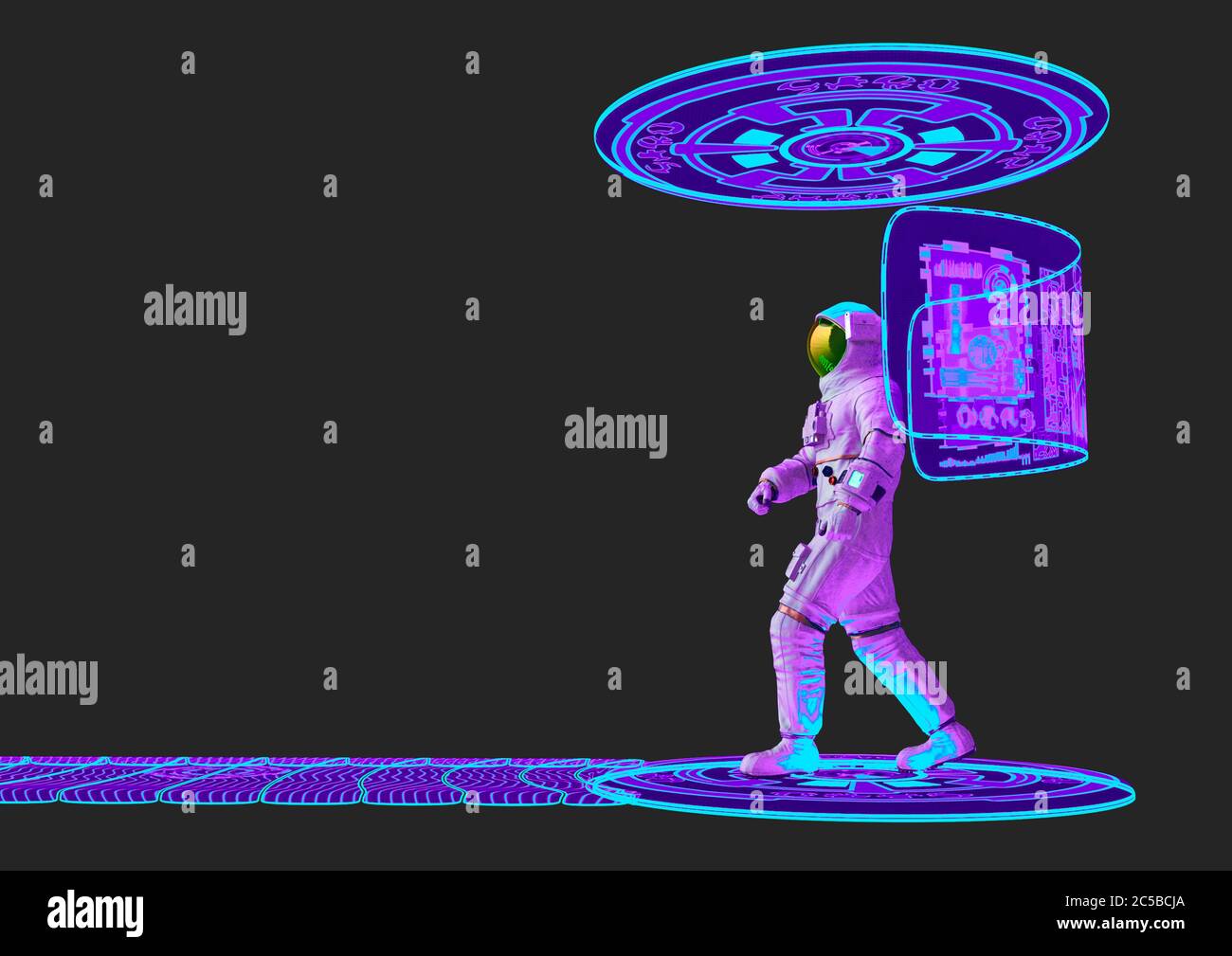astronaut is walking in virtual reality scene side view, 3d ...
