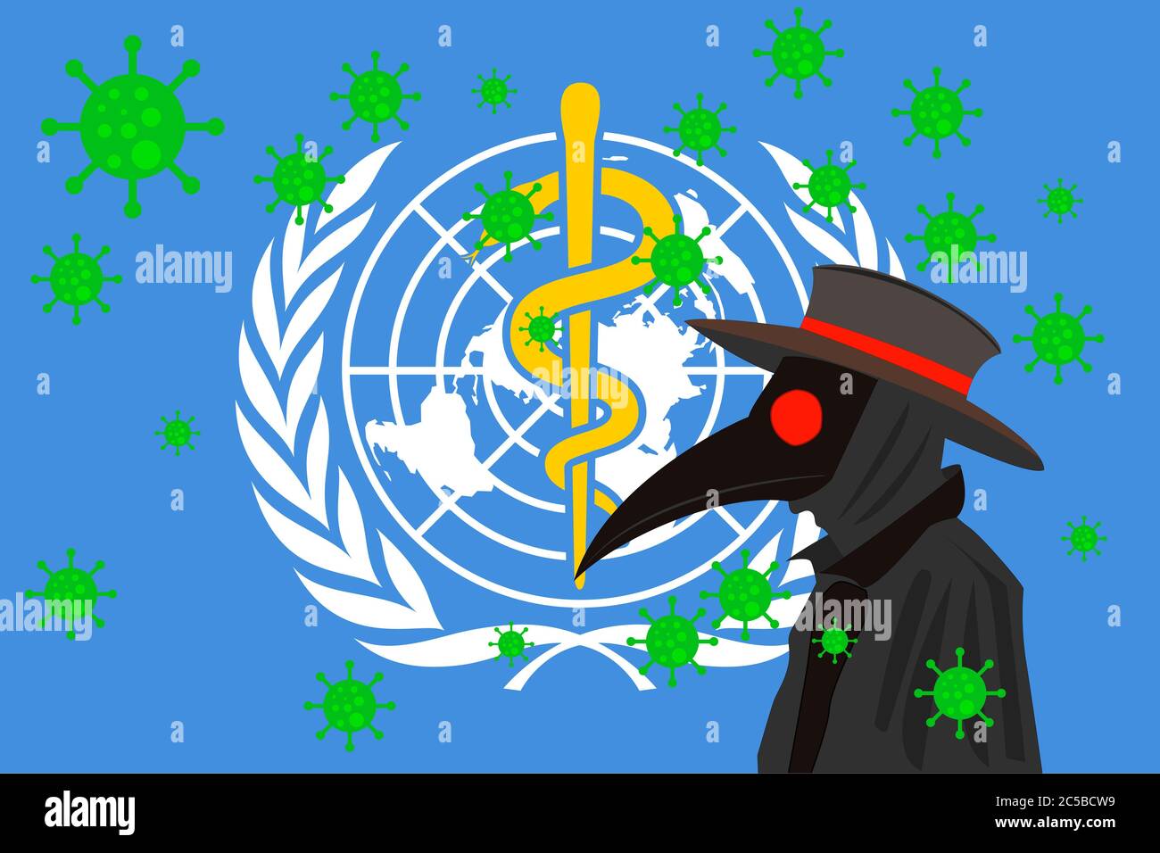 Black plague doctor surrounded by viruses with copy space with WORLD