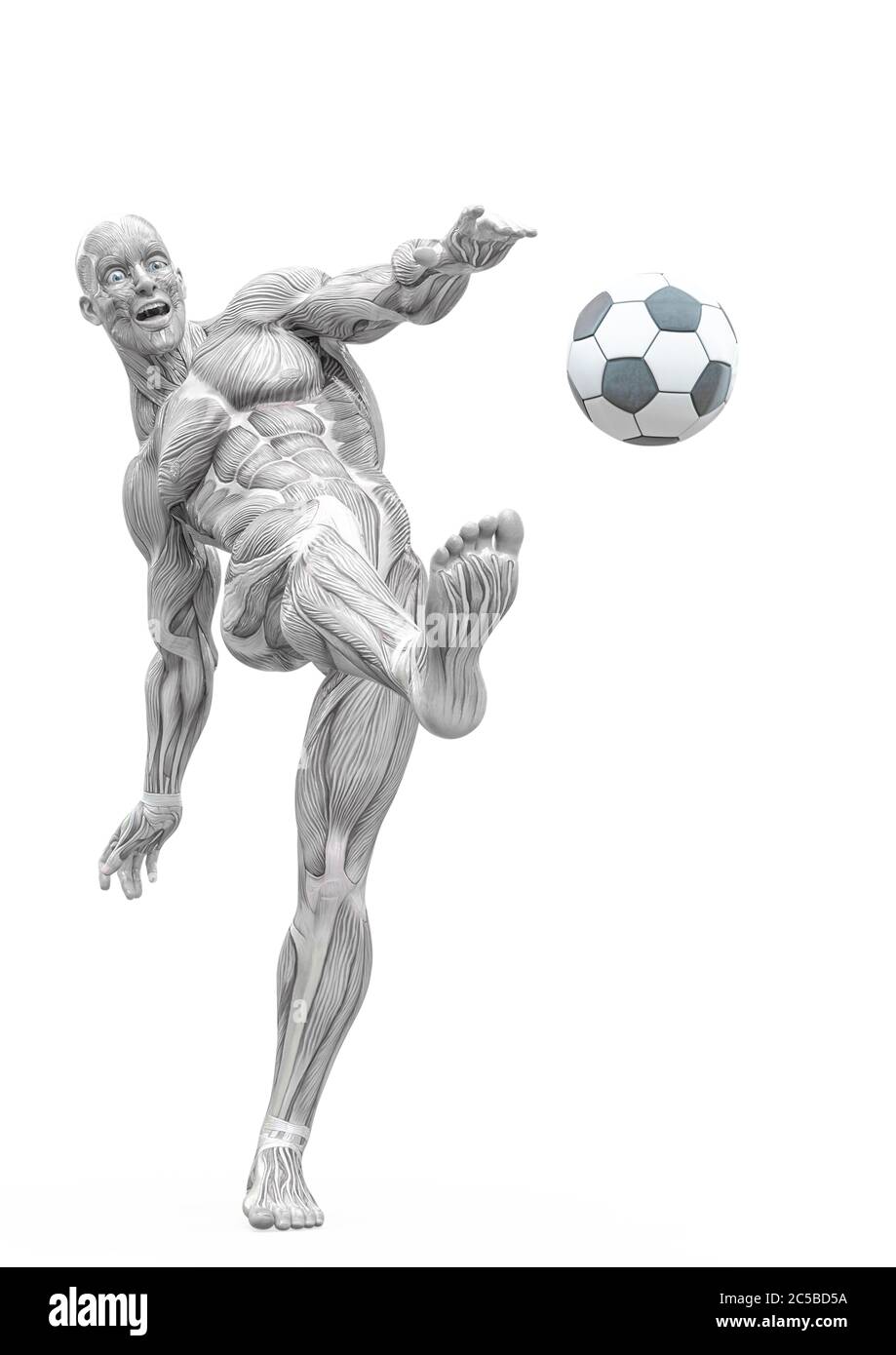 muscleman anatomy heroic body kicking the ball in white background, 3d
