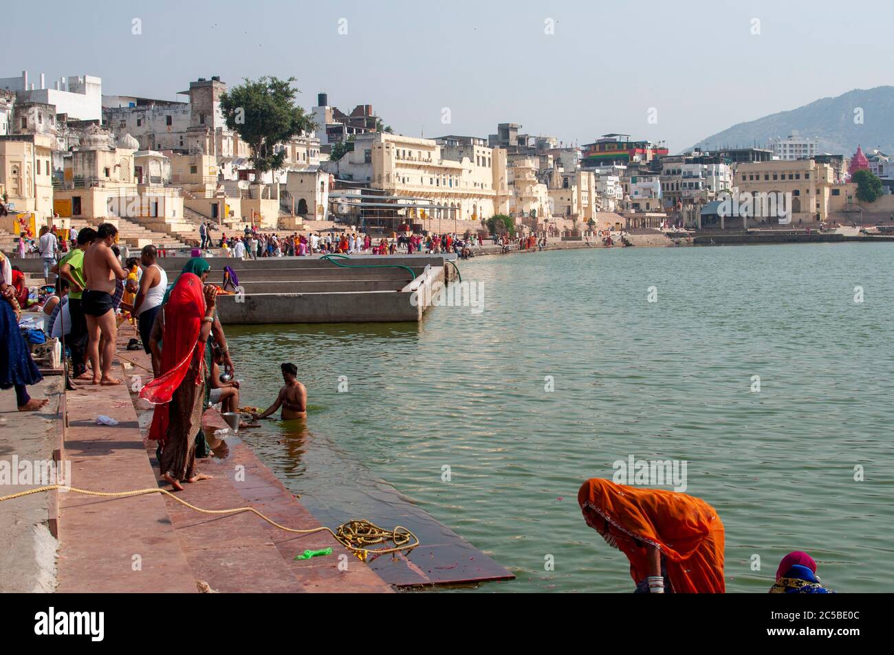 Pushkar Lake or Pushkar Sarovar is a sacred lake of the Hindus is located in the town of Pushkar in Ajmer district of the Rajasthan state of western I Stock Photo